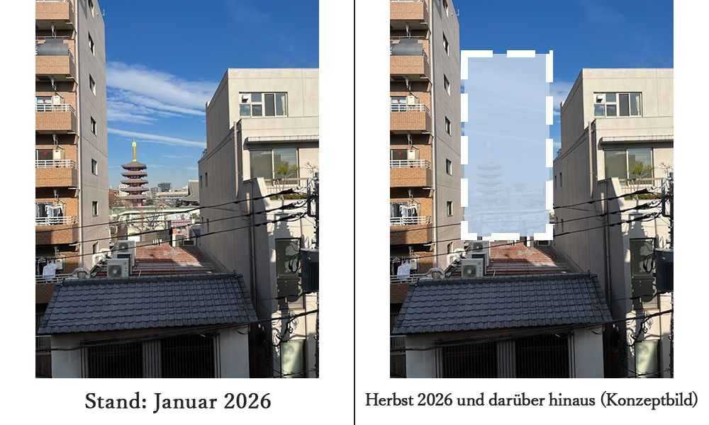 Blick auf den Sensoji-Tempel aus einem nach Norden ausgerichteten Gästezimmer im vierten Stock