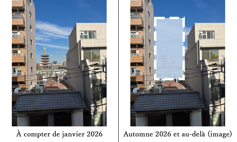 Vue du temple Senso-ji depuis une chambre orientée nord au quatrième étage