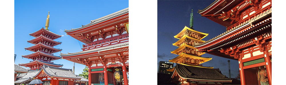 View of Sensoji Temple and the five-story pagoda during the day and night